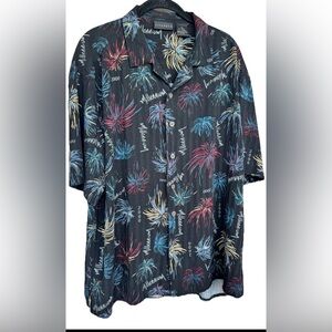 Vitanova Short Sleeve Button Up Rayon Shirt Black-Red/Blue/Yellow Fireworks XL
